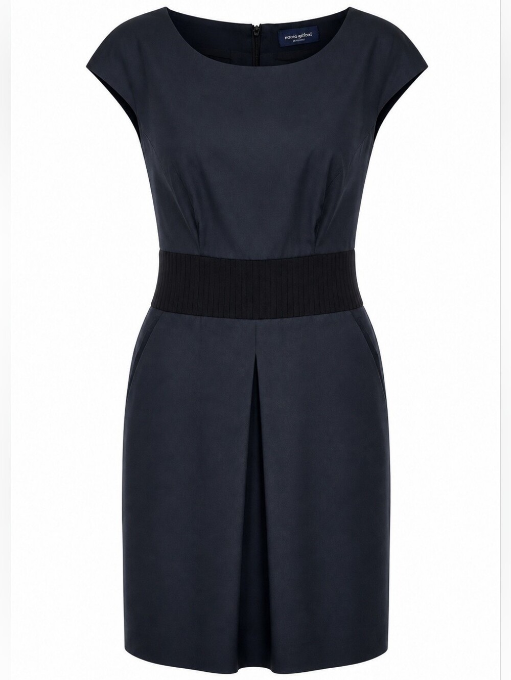 Piazza Sempione Black Sheath Dress Pleated Waist Panel Sz IT48 US 12 Pockets EUC